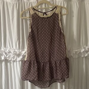 Sleeveless Polka Dot Lace-Trim Blouse - Brownish purple
